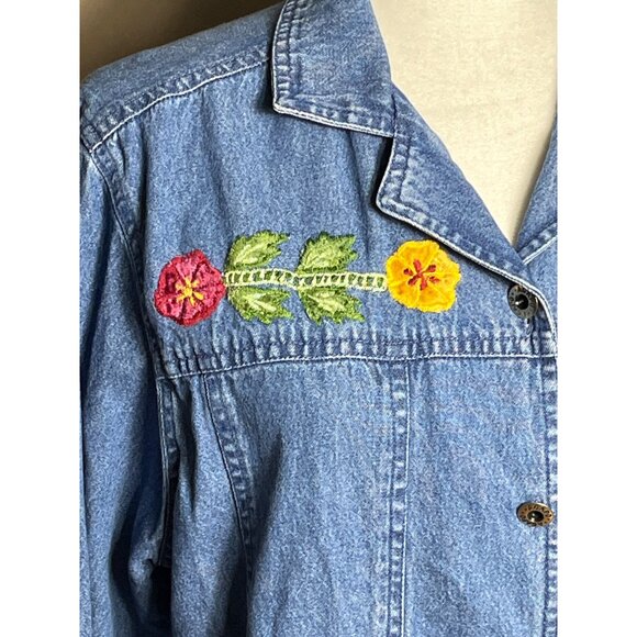 Agapo Denim Jacket Blue Embroidered Lightweight Jean Boho Cottage Casual Women L - Picture 2 of 11